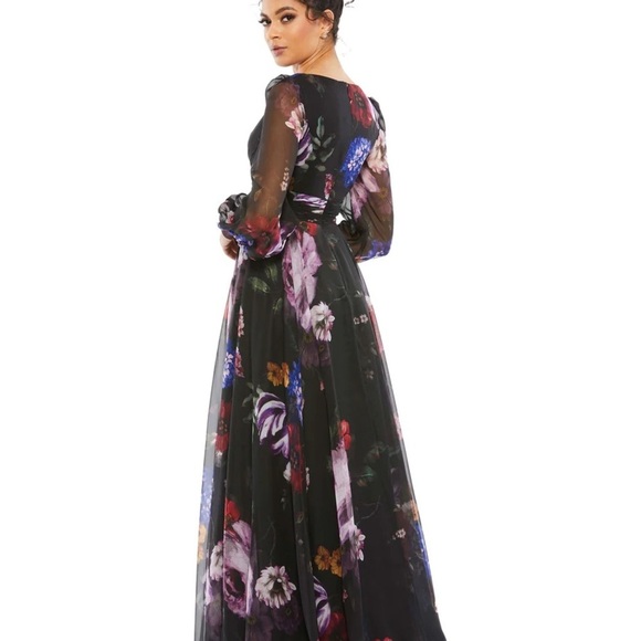 Mac Duggal 67872 NWT FLORAL PRINT CHIFFON LONG SLEEVE MAXI DRESS - Picture 3 of 9